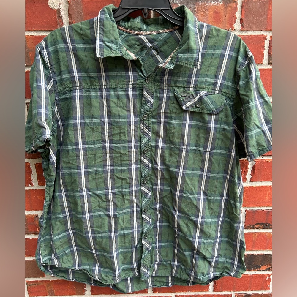 Duck Commander Men’s Short Sleeve Button Down Green/Blue Plaid Shirt 2XL